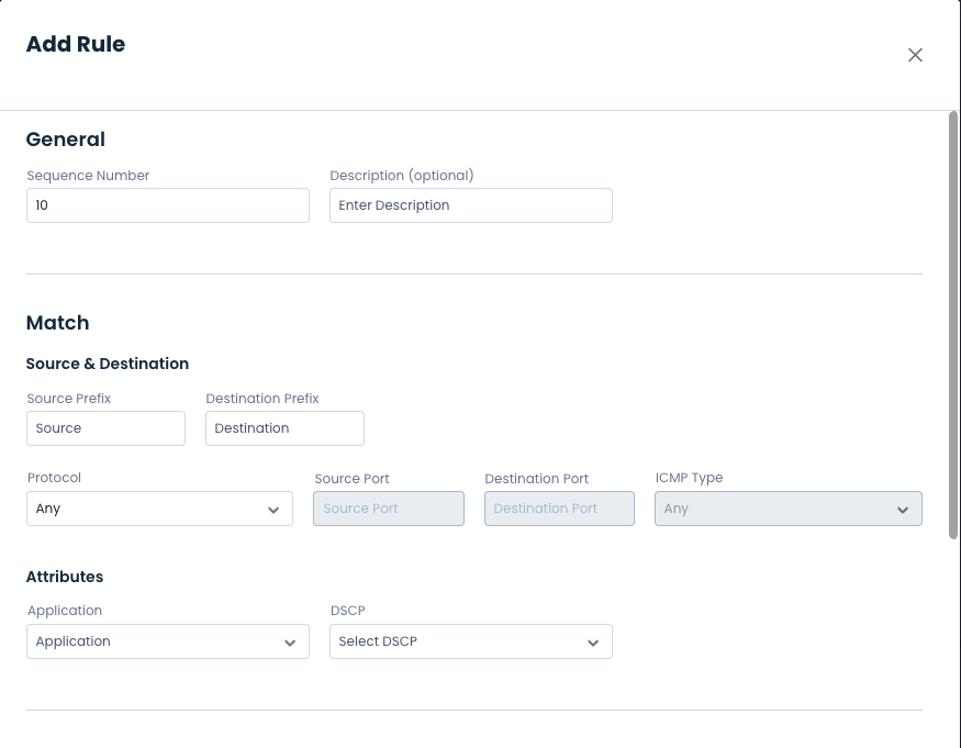 Form for adding a rule with fields for source, destination, and attributes.